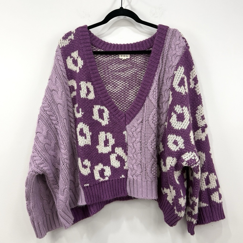 POL Leopard Cableknit Oversized Sweater L Purple Boho Indie Hippie Eclectic